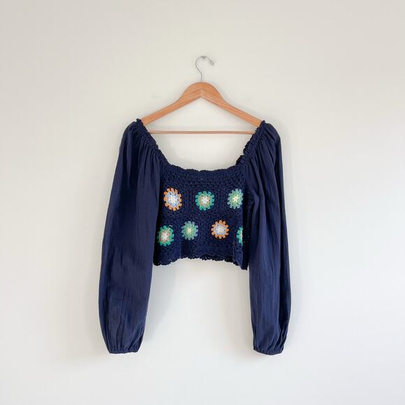 Aerie NWT Crochet Vacay Puff Long Sleeve Floral Cropped Top, Size Small - Picture 2 of 9